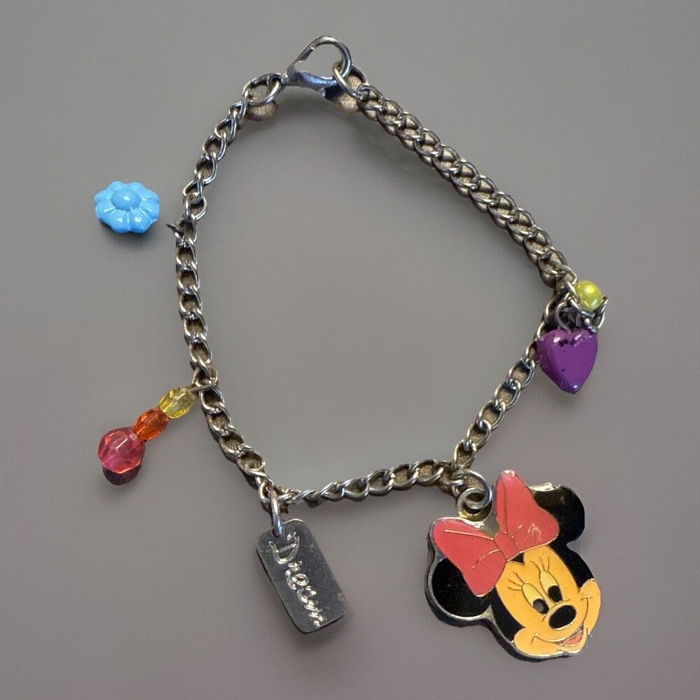 Vintage Minnie Face Bottle Heart Flower Dream 5-Charm Bracelet Size 7 EUC